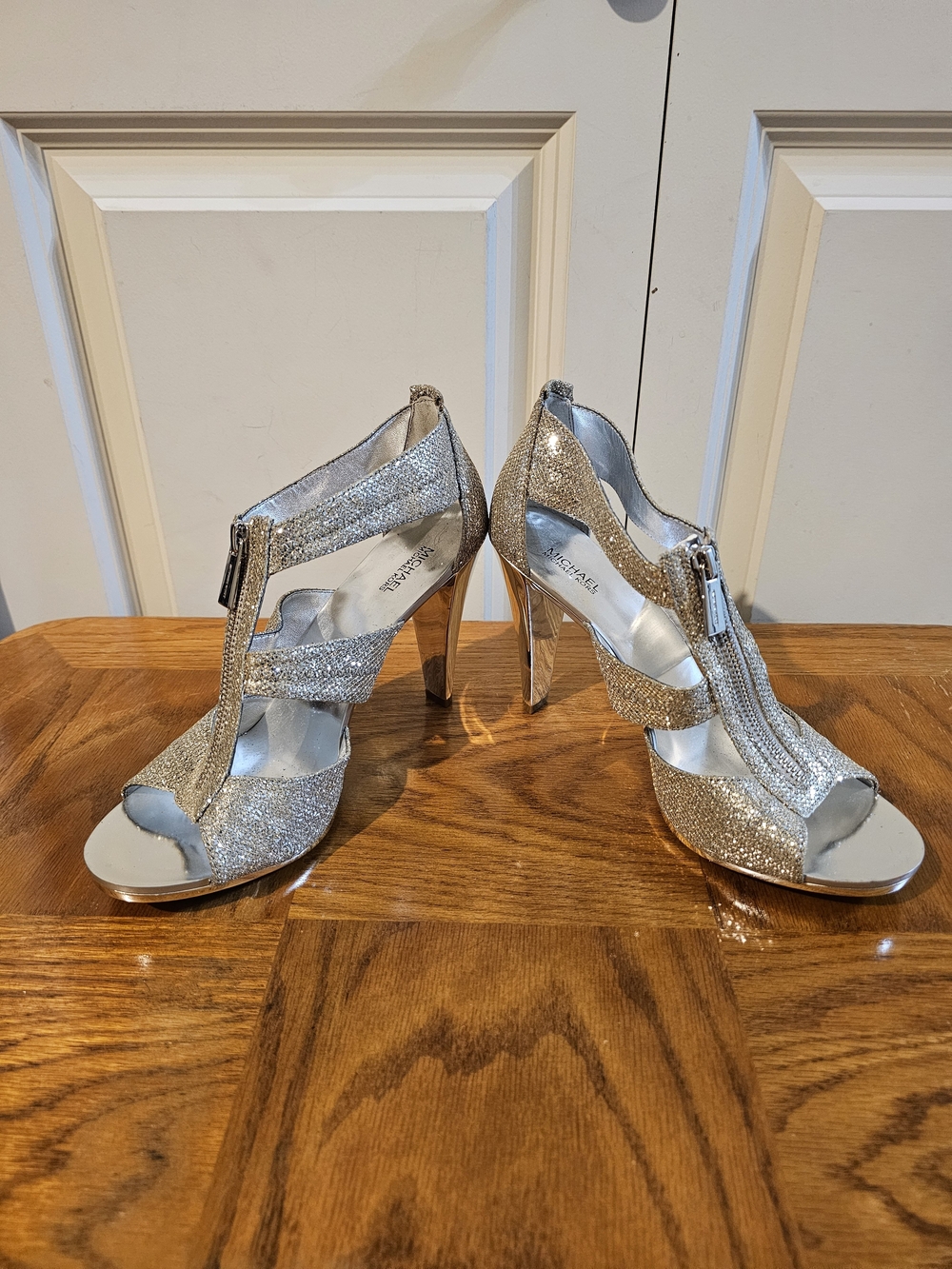 Michael Kors Silver Glitter T-Strap High Heel Sandals with Front Zip